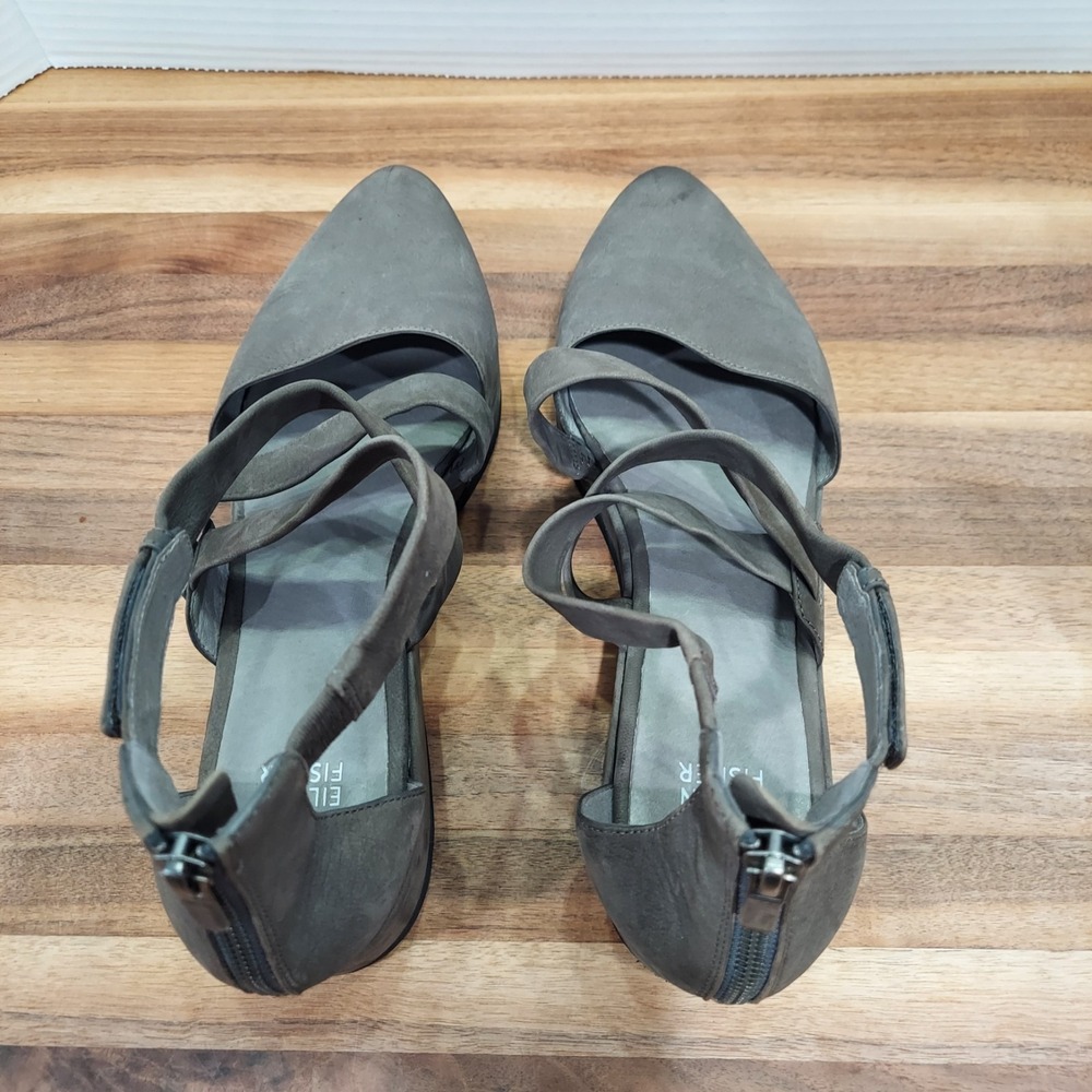 Eileen Fisher Wedge Sandals Women's 10 Gray Leather Strappy Pointed Toe Zip Back - Picture 6 of 16